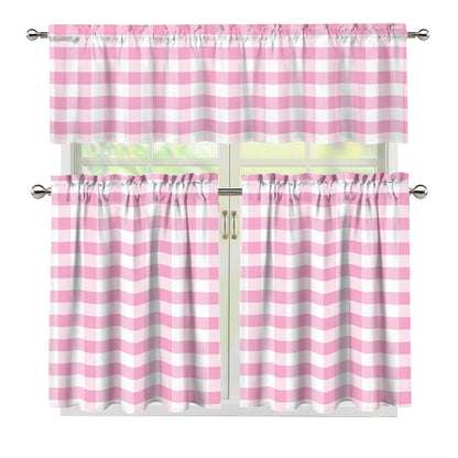 Pink And White Gingham Pattern Print 3 Piece Kitchen Curtains