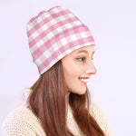 Pink And White Gingham Pattern Print Beanie