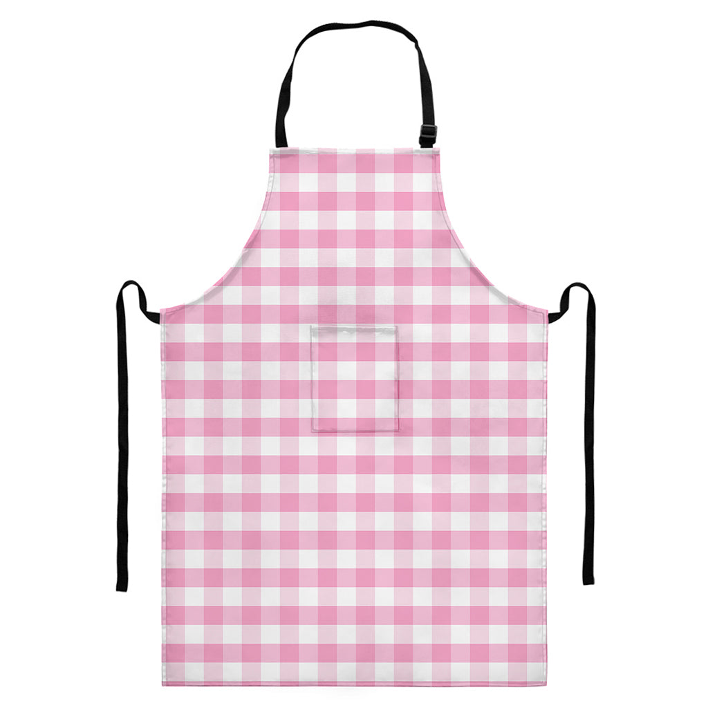 Pink And White Gingham Pattern Print Bib Apron With Pocket