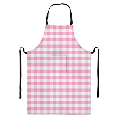 Pink And White Gingham Pattern Print Bib Apron With Pocket