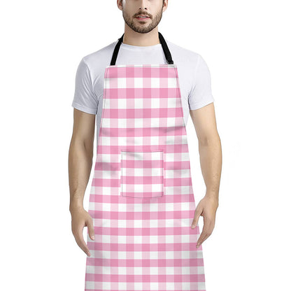 Pink And White Gingham Pattern Print Bib Apron With Pocket