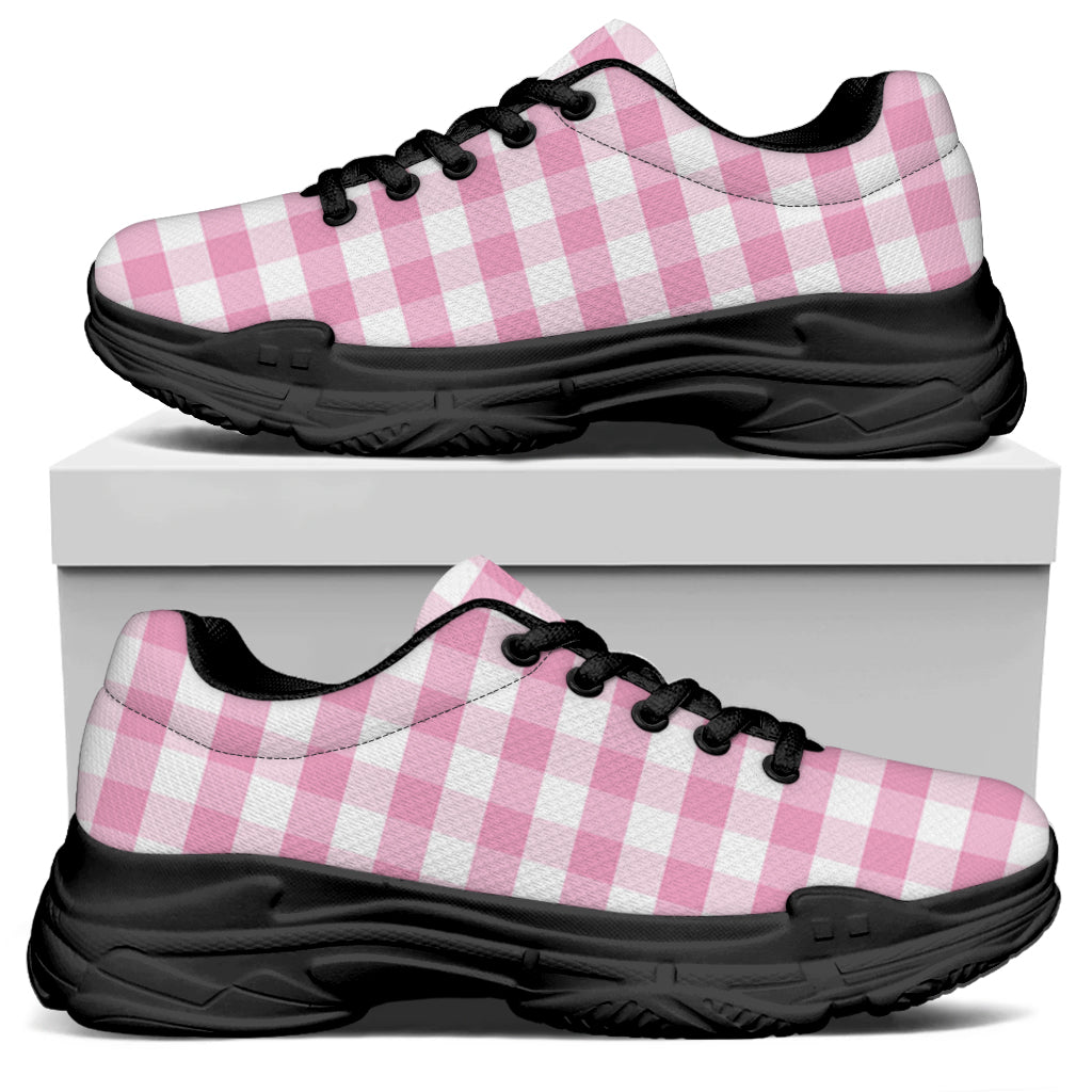 Pink And White Gingham Pattern Print Black Chunky Shoes