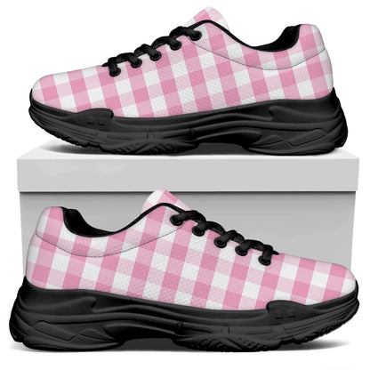 Pink And White Gingham Pattern Print Black Chunky Shoes