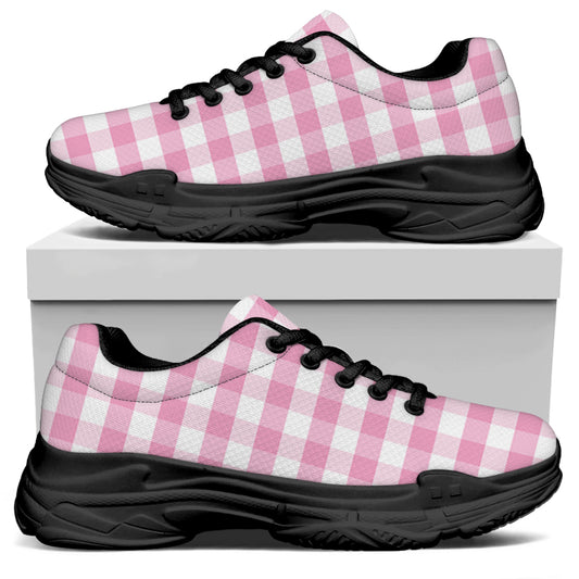Pink And White Gingham Pattern Print Black Chunky Shoes