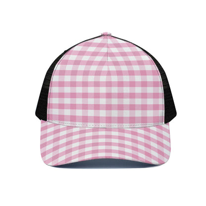 Pink And White Gingham Pattern Print Black Mesh Trucker Cap