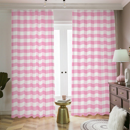 Pink And White Gingham Pattern Print Blackout Pencil Pleat Curtains