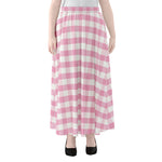 Pink And White Gingham Pattern Print Chiffon Maxi Skirt