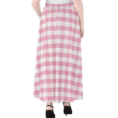 Pink And White Gingham Pattern Print Chiffon Maxi Skirt