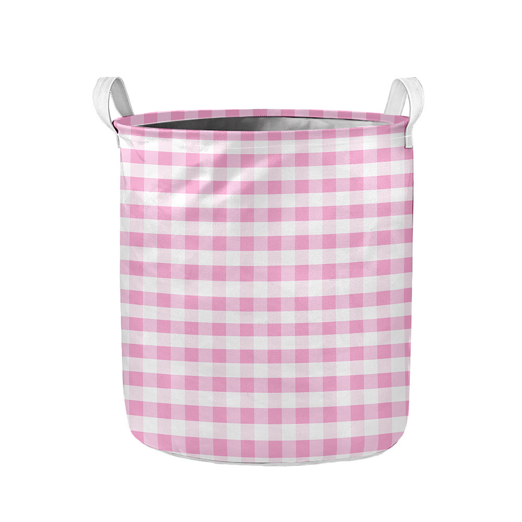 Pink And White Gingham Pattern Print Collapsible Laundry Basket