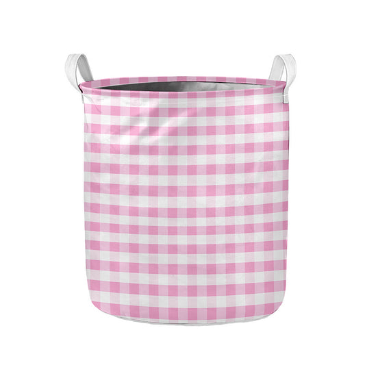 Pink And White Gingham Pattern Print Collapsible Laundry Basket