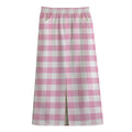 Pink And White Gingham Pattern Print Cotton Front Slit Maxi Skirt