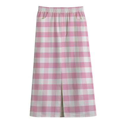 Pink And White Gingham Pattern Print Cotton Front Slit Maxi Skirt
