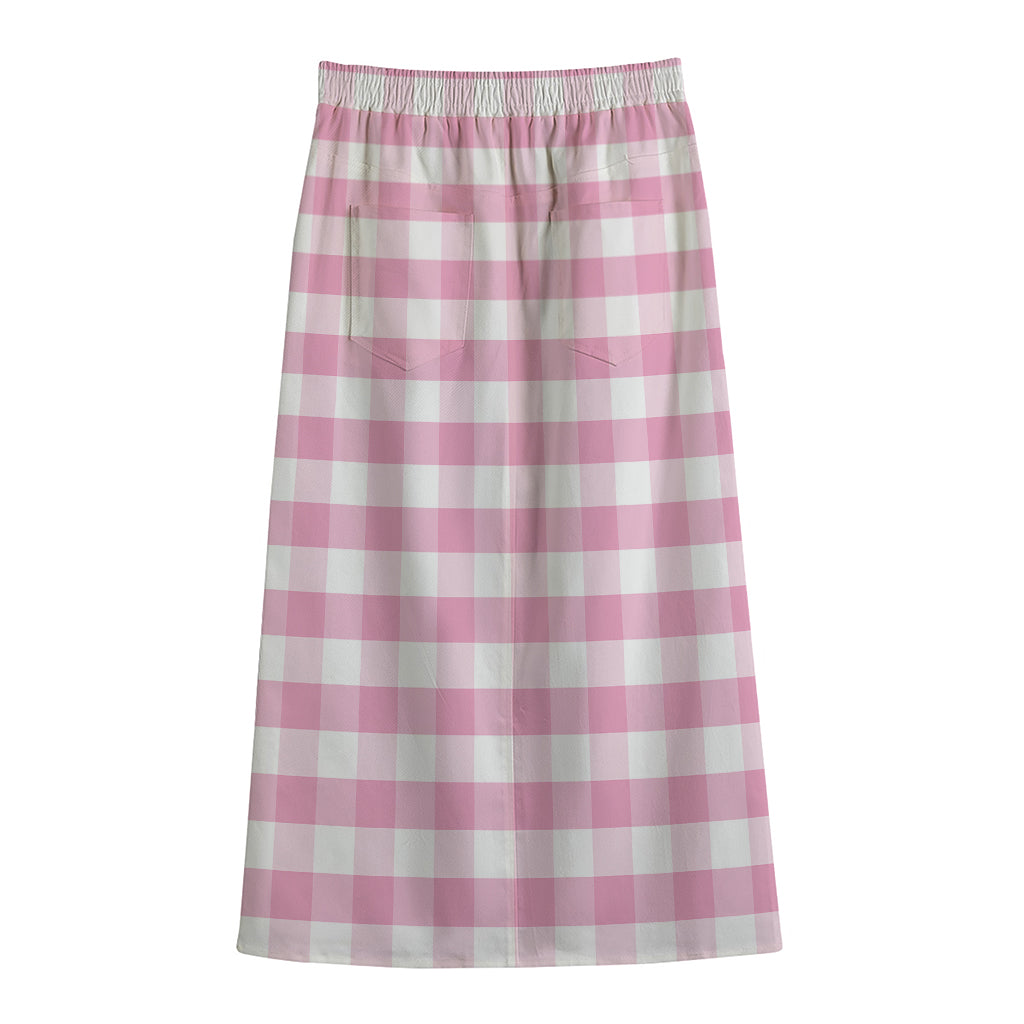 Pink And White Gingham Pattern Print Cotton Front Slit Maxi Skirt