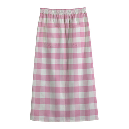 Pink And White Gingham Pattern Print Cotton Front Slit Maxi Skirt