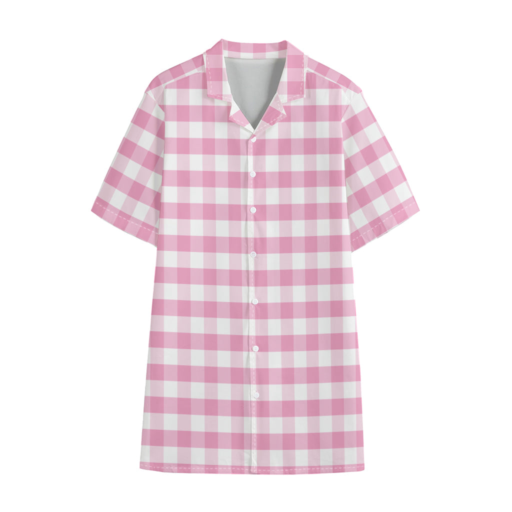 Pink And White Gingham Pattern Print Cotton Hawaiian Shirt