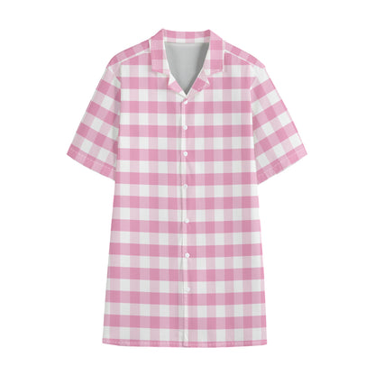 Pink And White Gingham Pattern Print Cotton Hawaiian Shirt