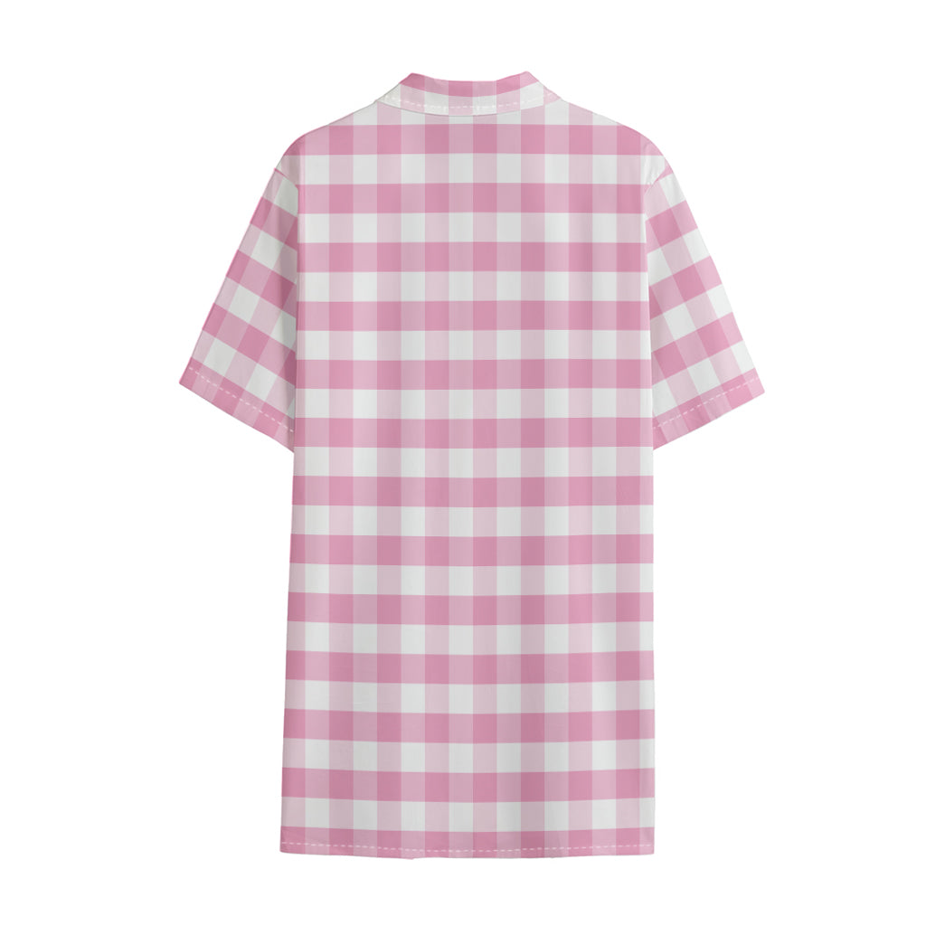 Pink And White Gingham Pattern Print Cotton Hawaiian Shirt