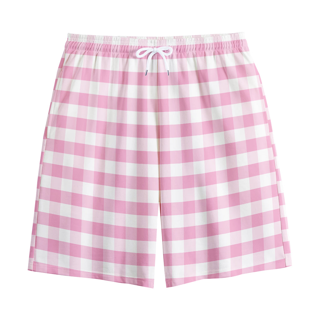 Pink And White Gingham Pattern Print Cotton Shorts