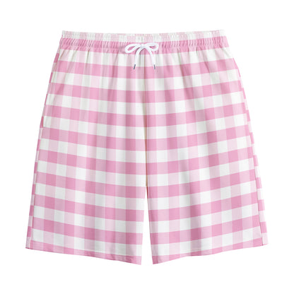 Pink And White Gingham Pattern Print Cotton Shorts