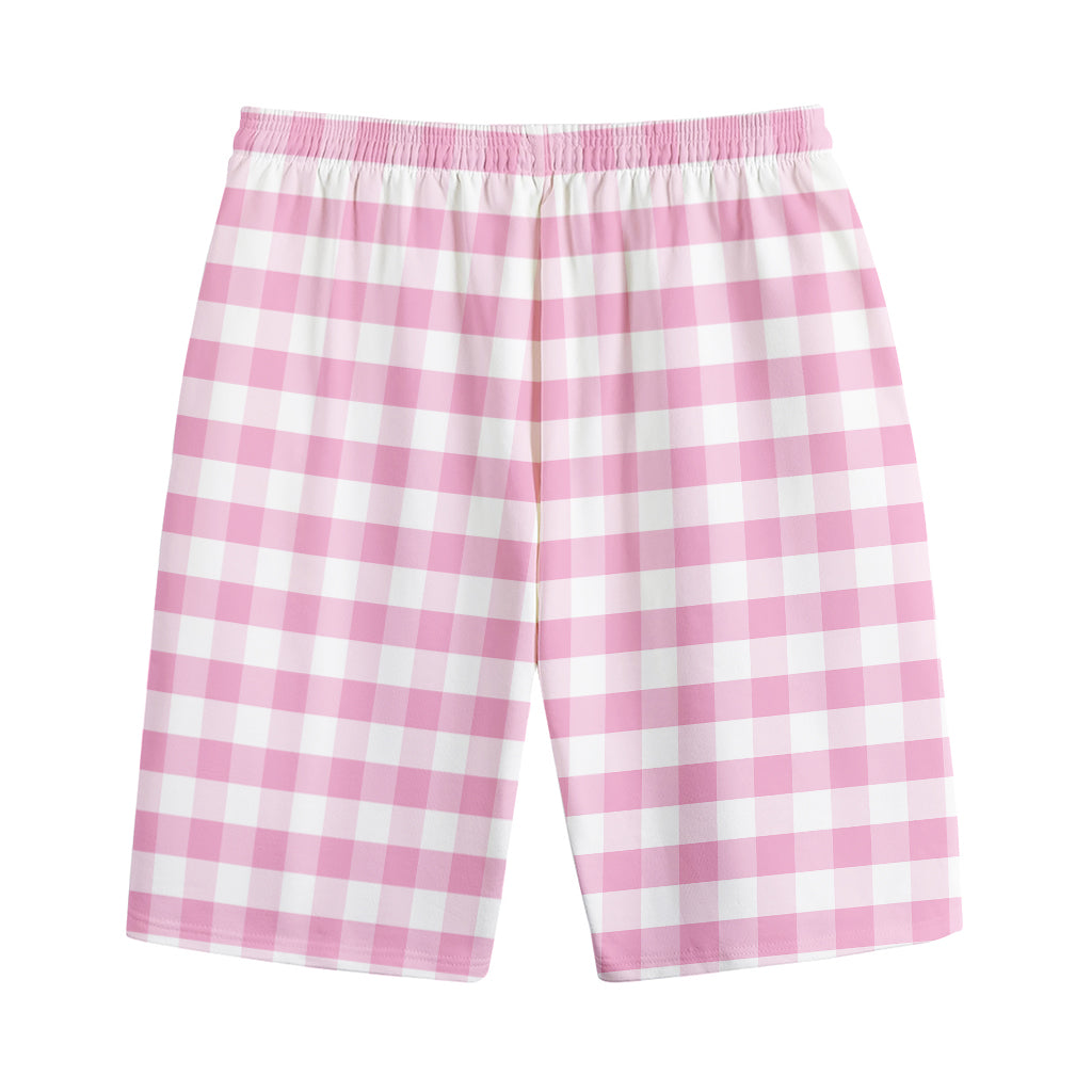 Pink And White Gingham Pattern Print Cotton Shorts