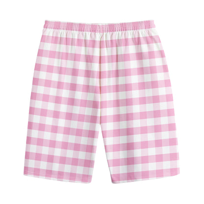 Pink And White Gingham Pattern Print Cotton Shorts