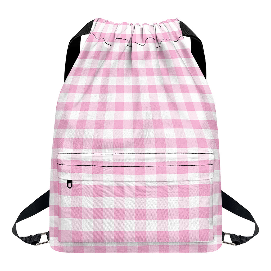 Pink And White Gingham Pattern Print Drawstring Backpack