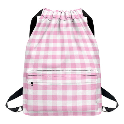 Pink And White Gingham Pattern Print Drawstring Backpack