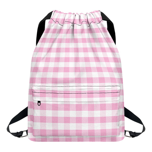 Pink And White Gingham Pattern Print Drawstring Backpack