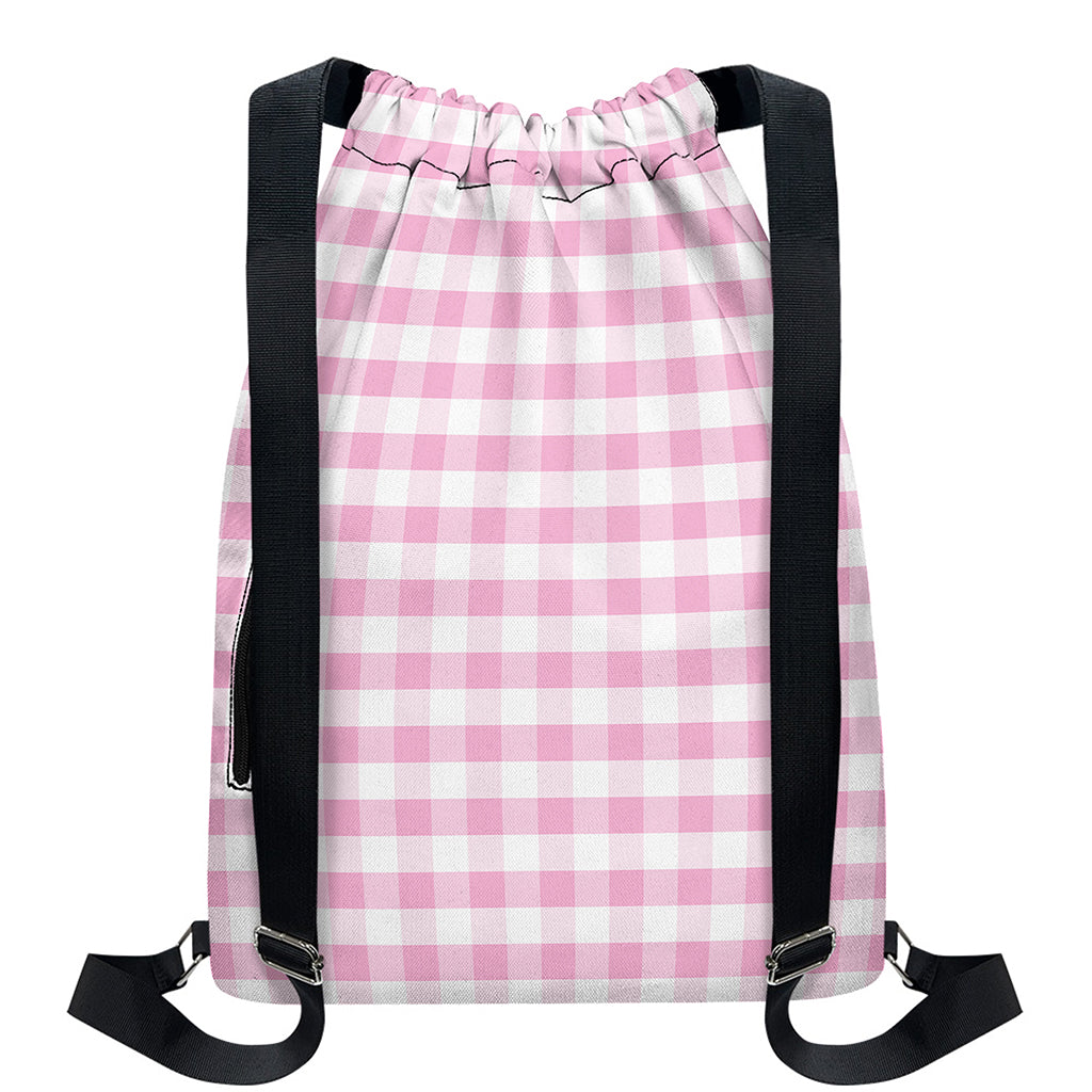 Pink And White Gingham Pattern Print Drawstring Backpack