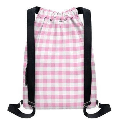 Pink And White Gingham Pattern Print Drawstring Backpack