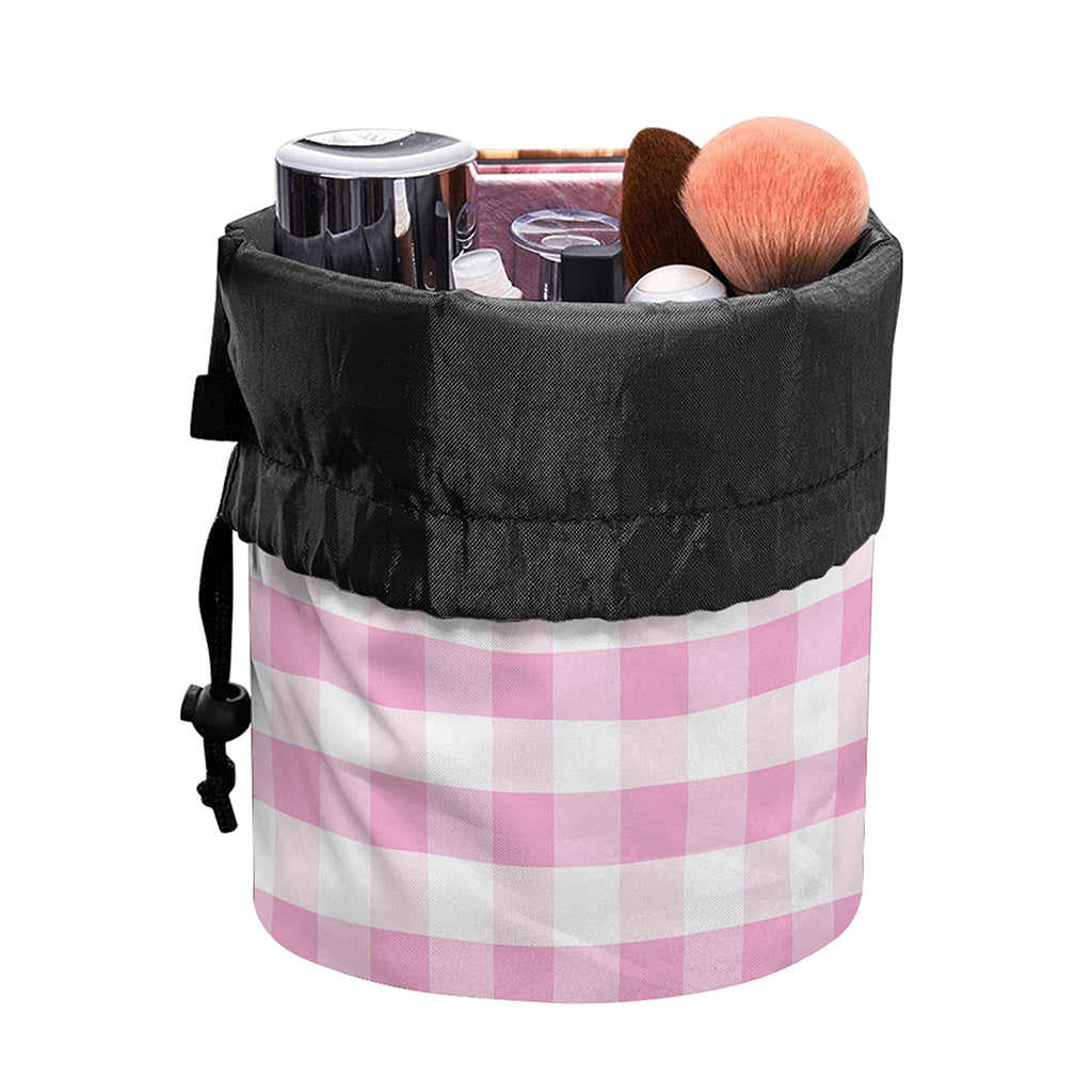 Pink And White Gingham Pattern Print Drawstring Makeup Bag