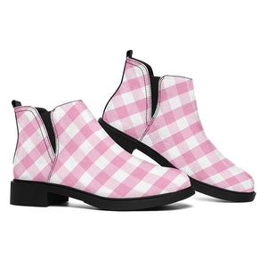 Pink And White Gingham Pattern Print Flat Ankle Boots