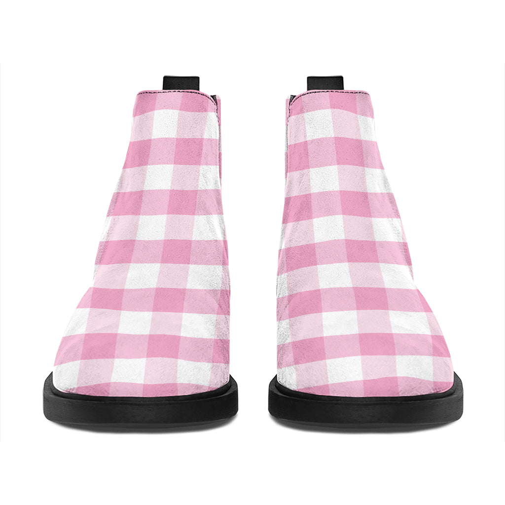 Pink And White Gingham Pattern Print Flat Ankle Boots