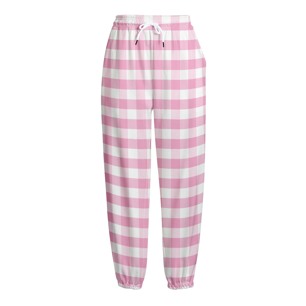 Pink And White Gingham Pattern Print Fleece Lined Knit Pants