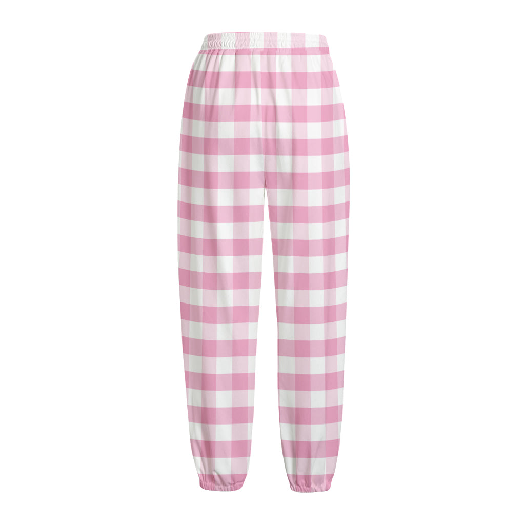 Pink And White Gingham Pattern Print Fleece Lined Knit Pants