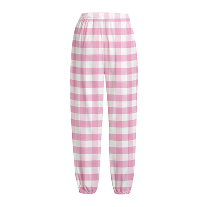 Pink And White Gingham Pattern Print Fleece Lined Knit Pants