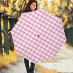 Pink And White Gingham Pattern Print Foldable Umbrella