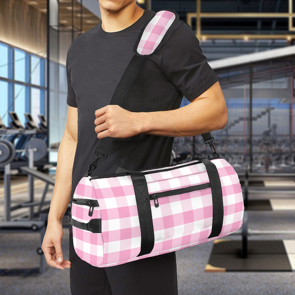 Pink And White Gingham Pattern Print Gym Bag
