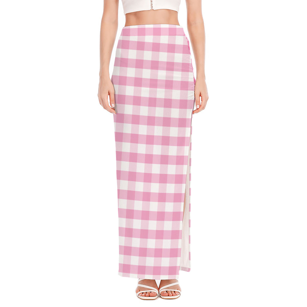Pink And White Gingham Pattern Print High Slit Maxi Skirt