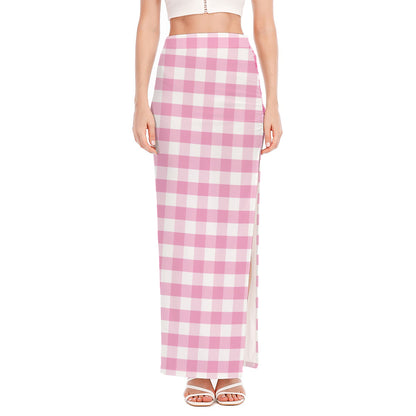 Pink And White Gingham Pattern Print High Slit Maxi Skirt