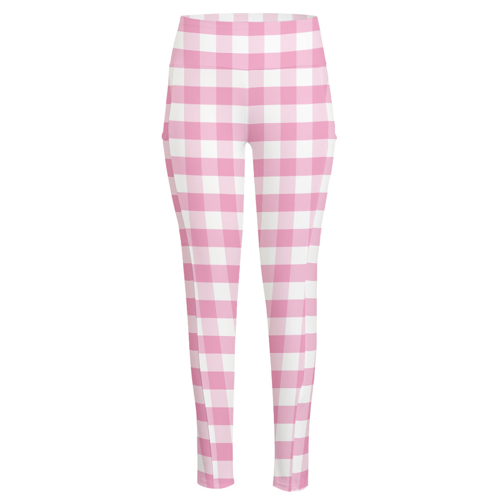 Pink And White Gingham Pattern Print High-Waisted Pocket Leggings