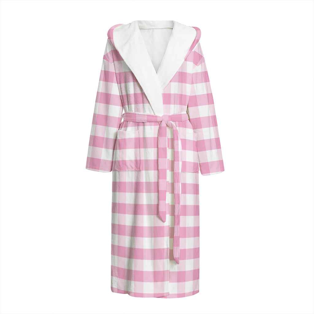 Pink And White Gingham Pattern Print Hooded Bathrobe