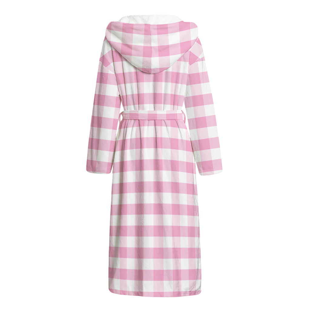Pink And White Gingham Pattern Print Hooded Bathrobe