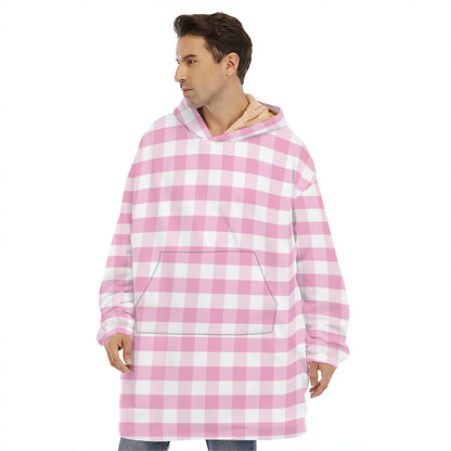 Pink And White Gingham Pattern Print Hoodie Blanket