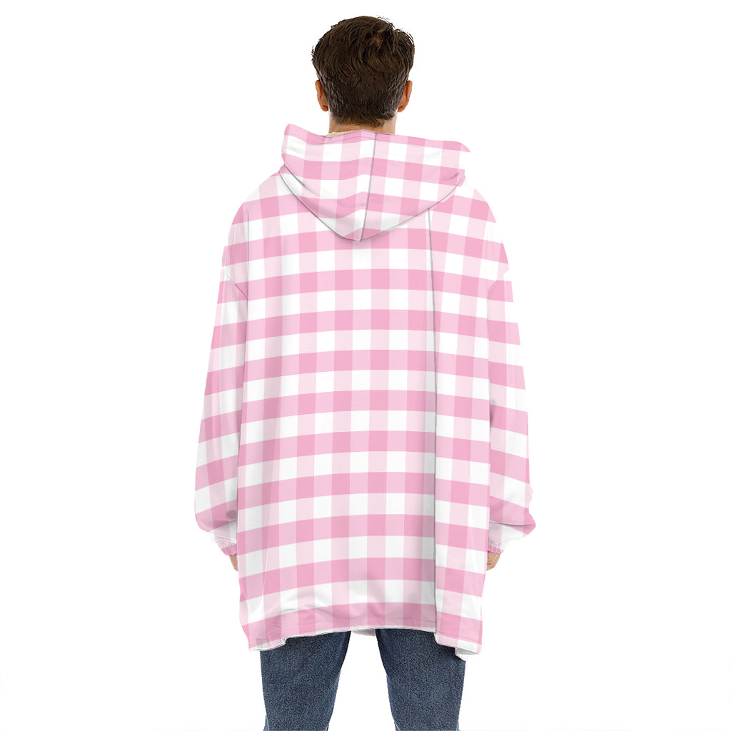 Pink And White Gingham Pattern Print Hoodie Blanket