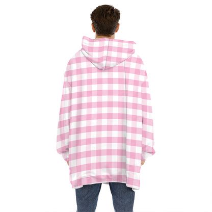 Pink And White Gingham Pattern Print Hoodie Blanket