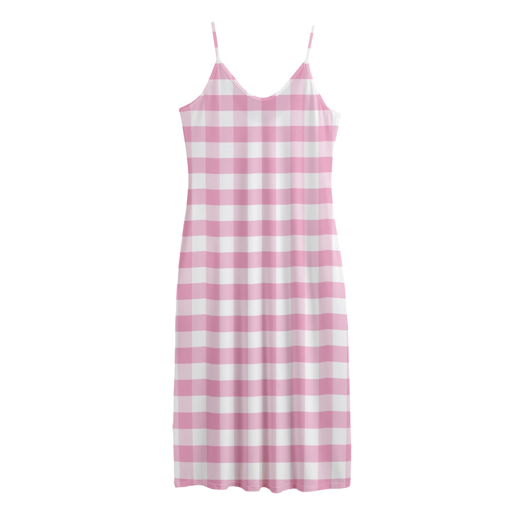 Pink And White Gingham Pattern Print Jersey Midi Cami Dress