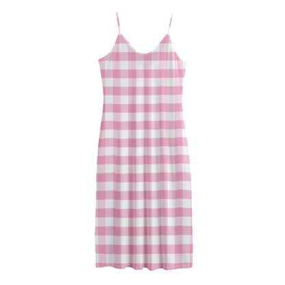 Pink And White Gingham Pattern Print Jersey Midi Cami Dress