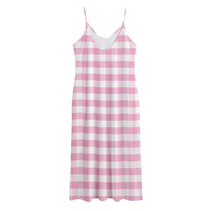 Pink And White Gingham Pattern Print Jersey Midi Cami Dress