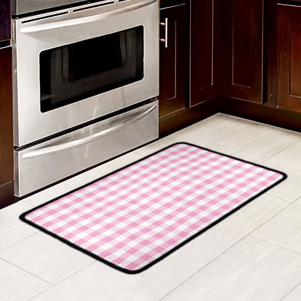 Pink And White Gingham Pattern Print Kitchen Mat